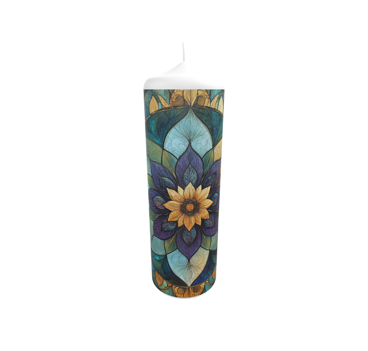 Künstlerkerze mit Mandala-Illustration in kräftigen Farben
