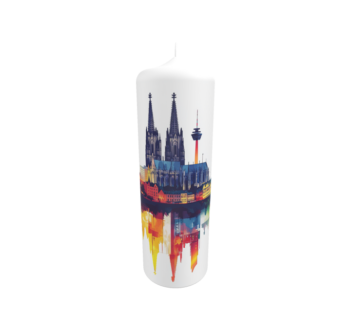 Künstlerkerze mit Kölner Dom, farbenfroh und symmetrisch