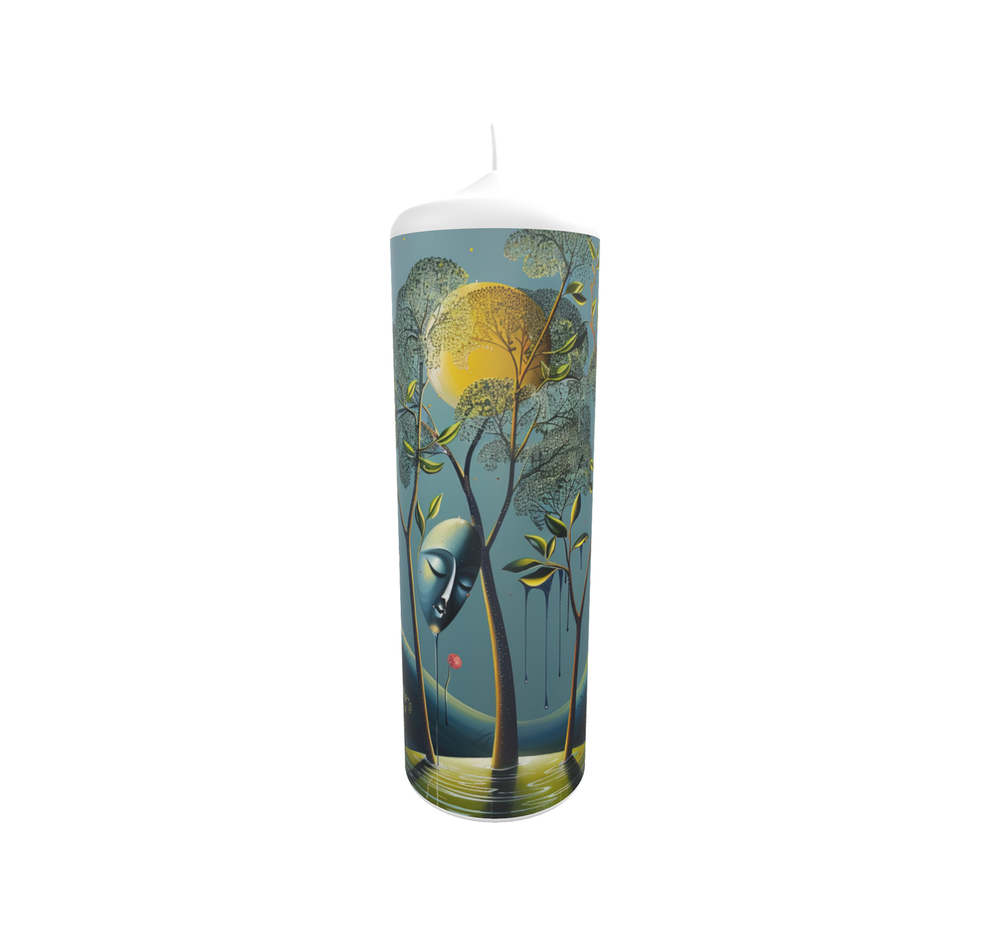 Künstlerkerze mit mystischem Waldmotiv und träumerischer Lichtstimmung
