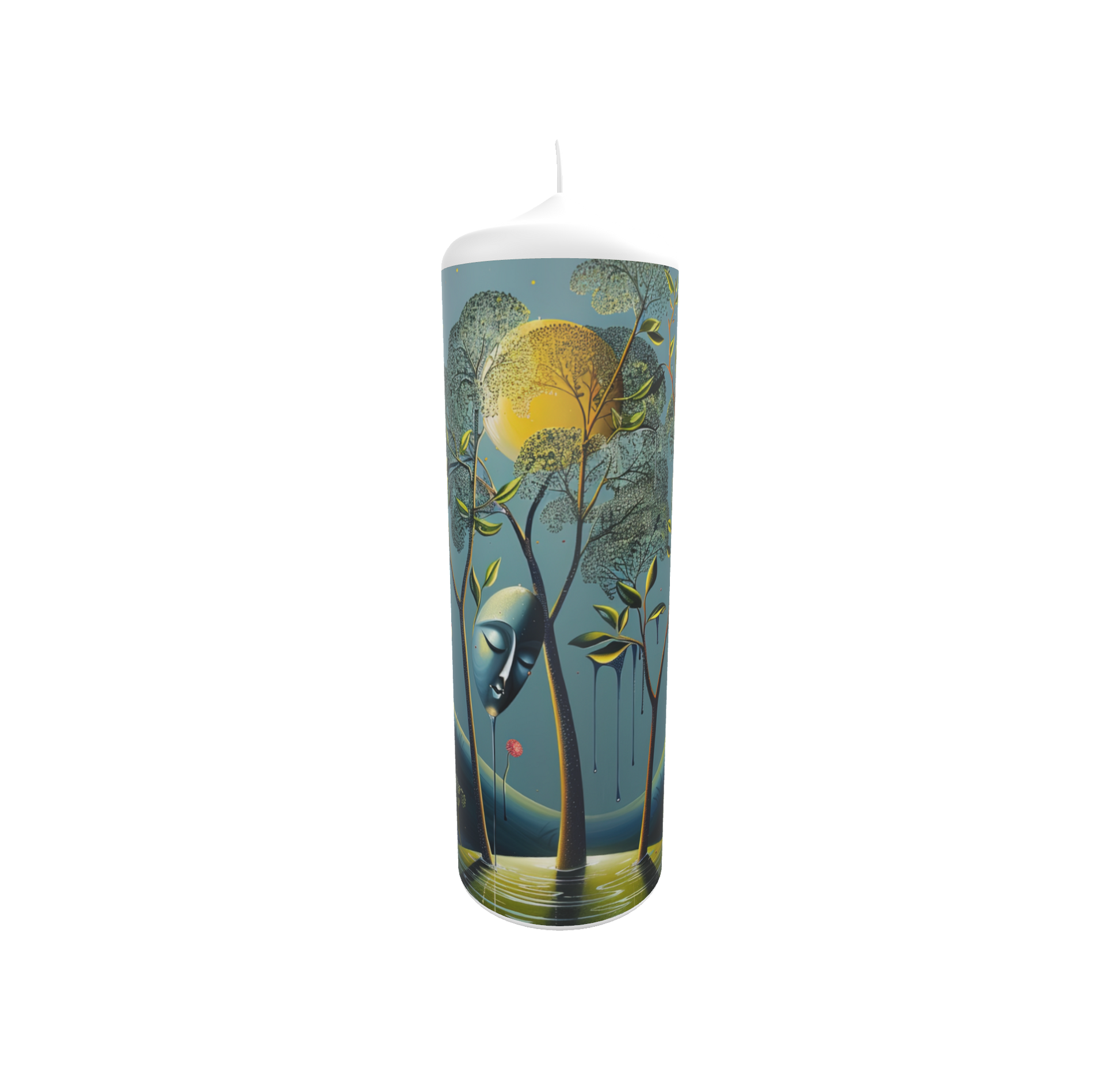 Künstlerkerze mit mystischem Waldmotiv und träumerischer Lichtstimmung
