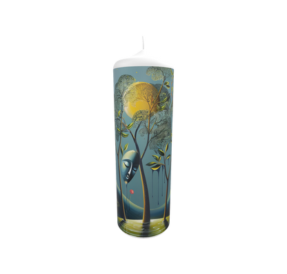 Künstlerkerze mit mystischem Waldmotiv und träumerischer Lichtstimmung
