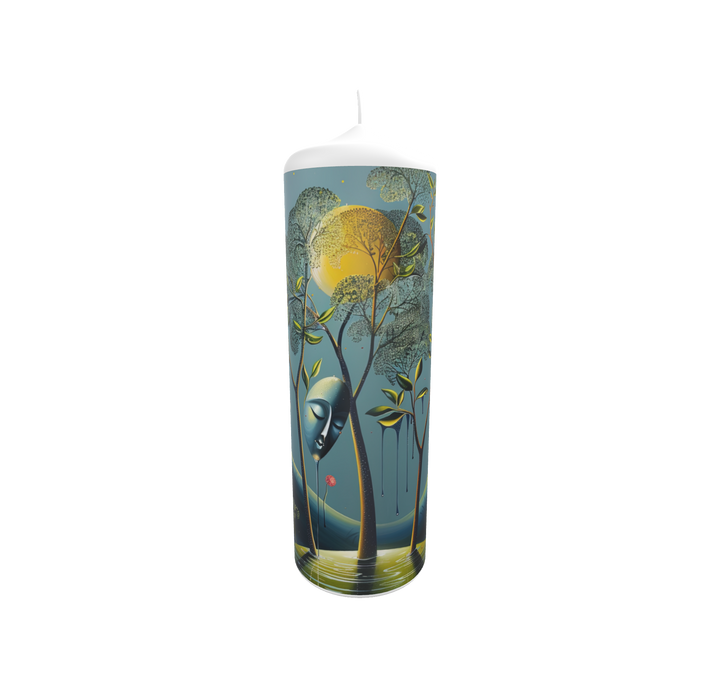 Künstlerkerze mit mystischem Waldmotiv und träumerischer Lichtstimmung
