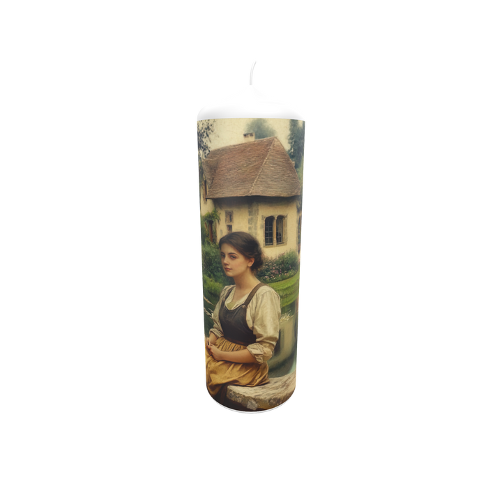 Künstlerkerze mit ruhiger Seeszenerie und reflektierendem Wasser