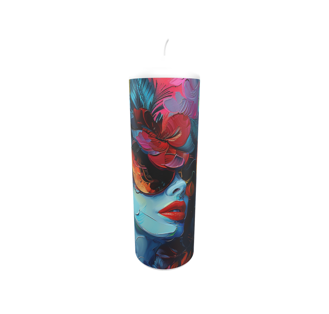 Künstlerkerze mit blauen und roten Flammenformen im abstrakten Design