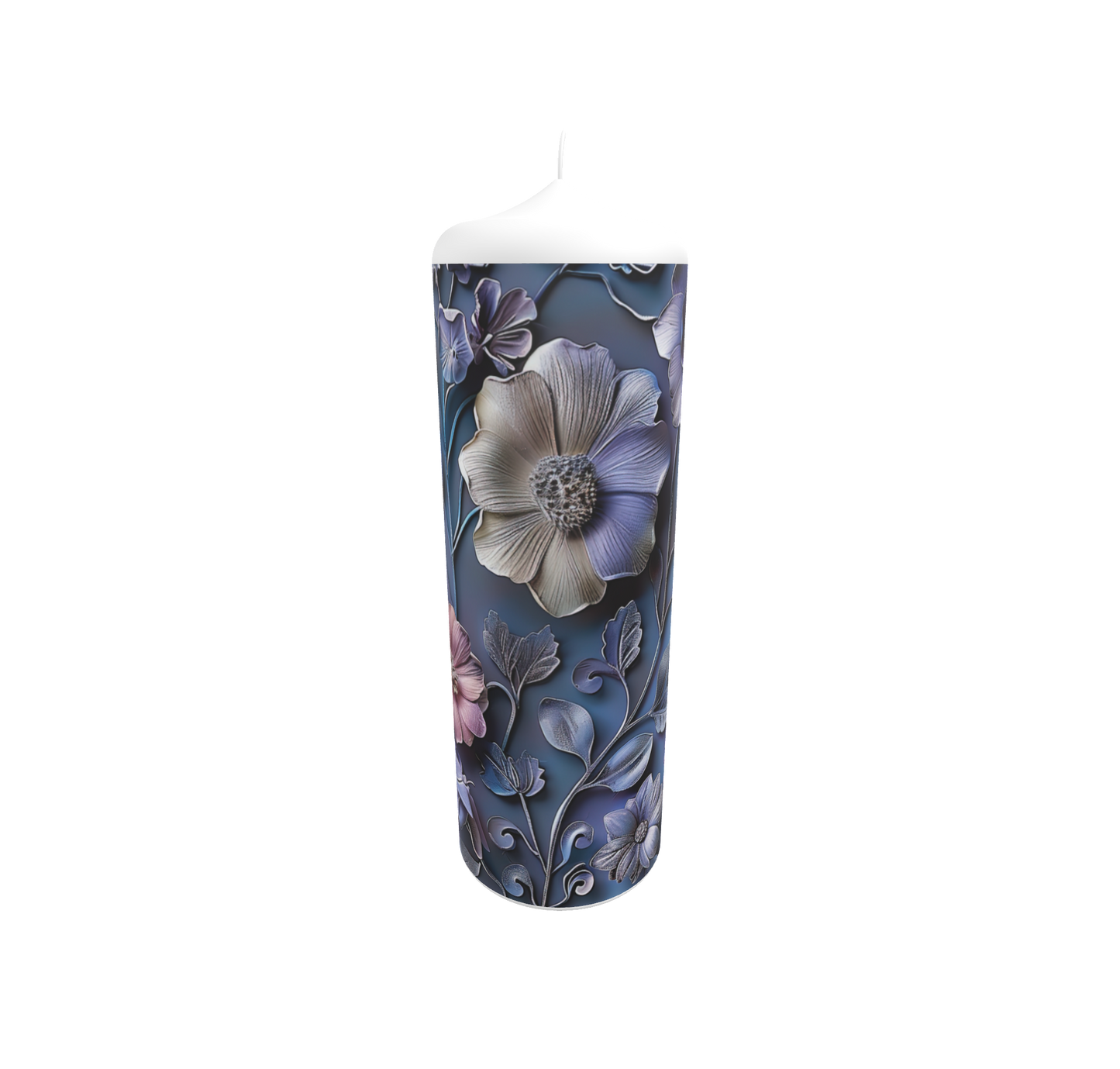 Künstlerkerze mit Blumenmuster in kräftigen Farben auf dunklem Hintergrund