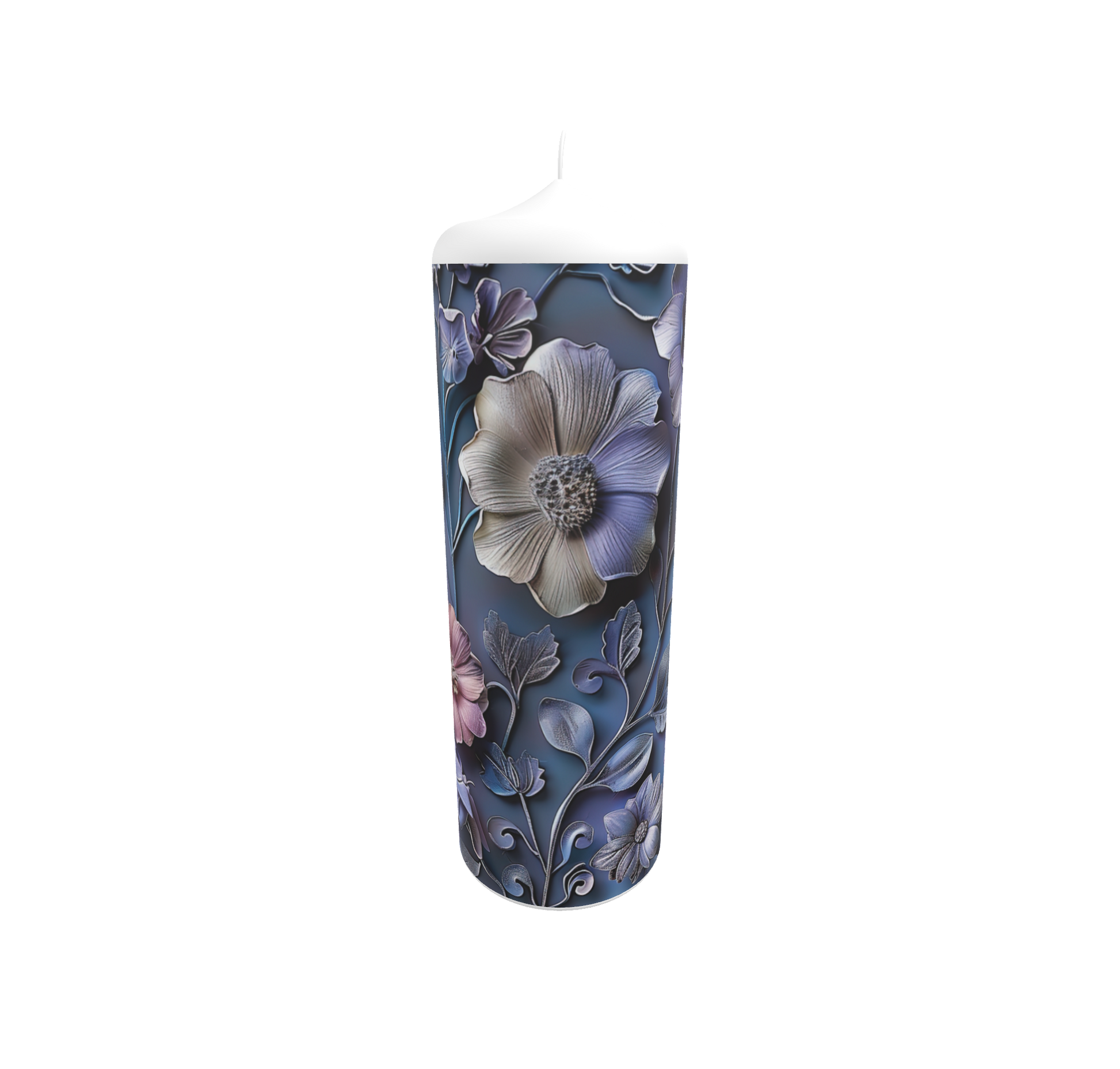 Künstlerkerze mit Blumenmuster in kräftigen Farben auf dunklem Hintergrund