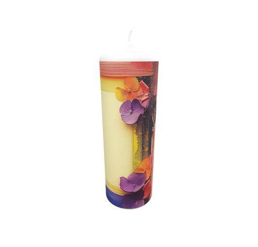 Künstlerkerze mit Blumen und Porträt im barocken Rahmenstil