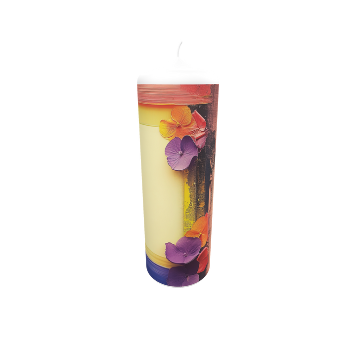 Künstlerkerze mit Blumen und Porträt im barocken Rahmenstil