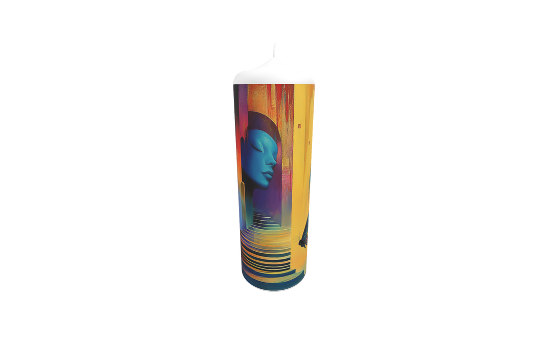 Künstlerkerze mit Frau, Spiralen und Symbolik der Wandlung