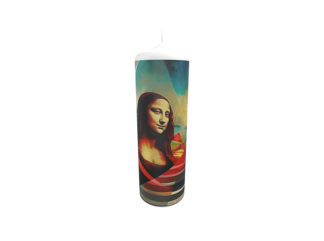 Künstlerkerze mit Mona-Lisa-Zitat und geometrischem Hintergrund