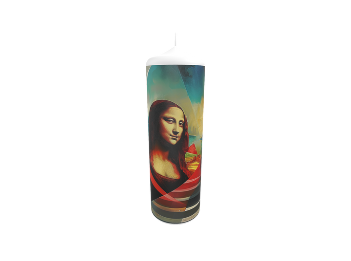 Künstlerkerze mit Mona-Lisa-Zitat und geometrischem Hintergrund