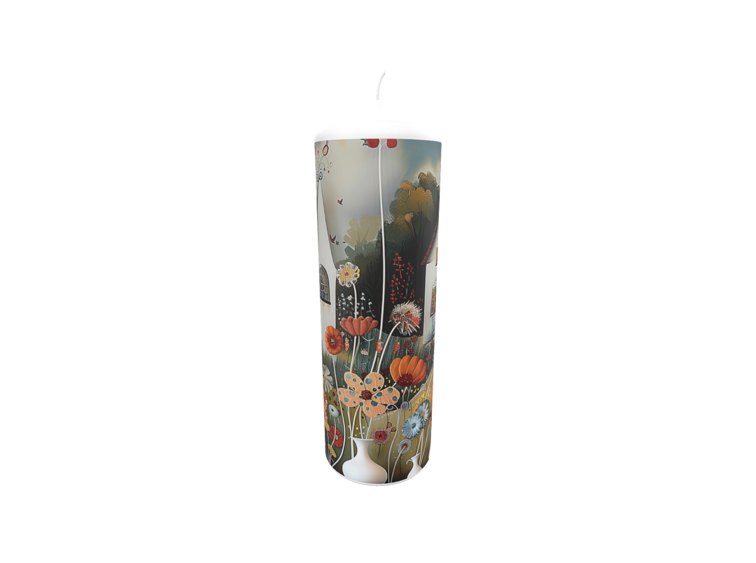 Künstlerkerze mit floralen Häusern in stilisierter Fantasielandschaft