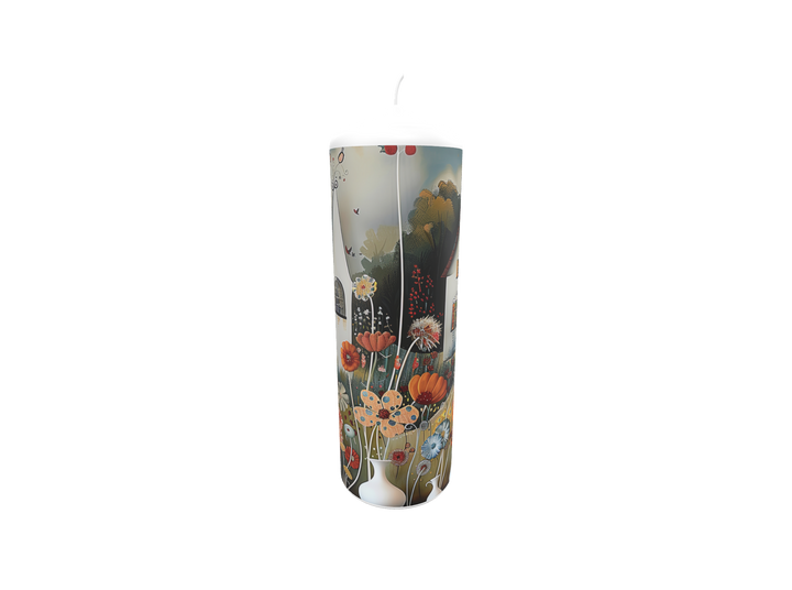 Künstlerkerze mit floralen Häusern in stilisierter Fantasielandschaft