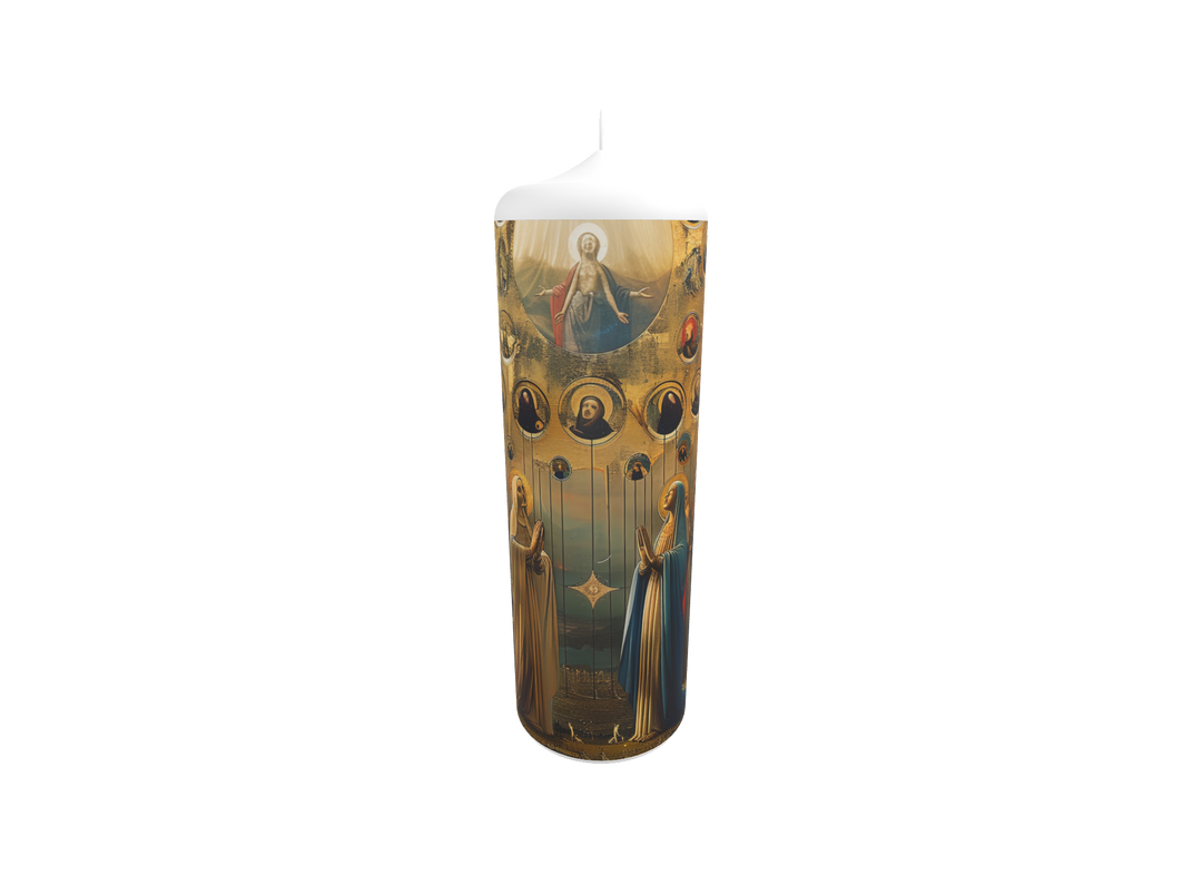 Künstlerkerze mit Engel und goldenem Himmelsmotiv