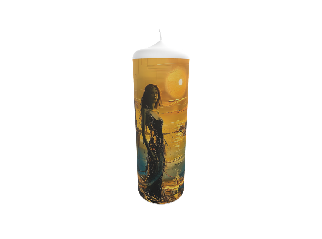 Künstlerkerze mit Figur im Schatten und lila Abendhimmel