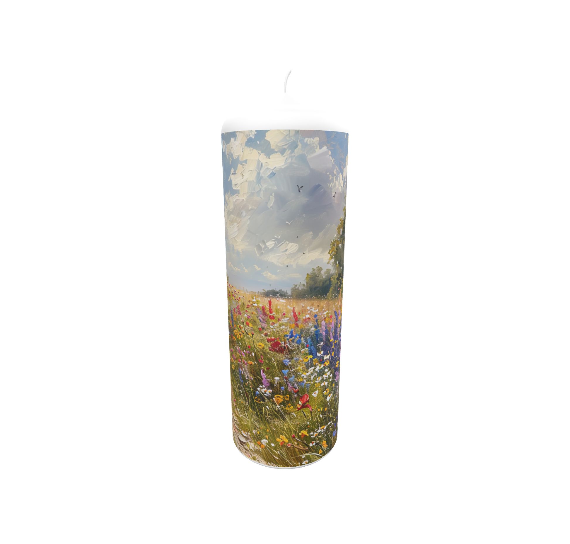 Künstlerkerze mit floraler Szene in Gold und Flammenspiel vor hellem Himmel
