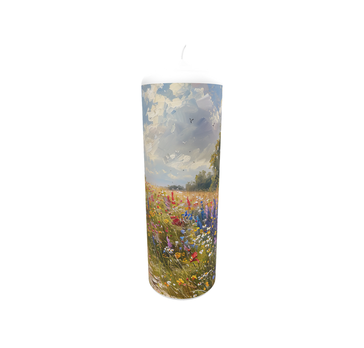 Künstlerkerze mit floraler Szene in Gold und Flammenspiel vor hellem Himmel