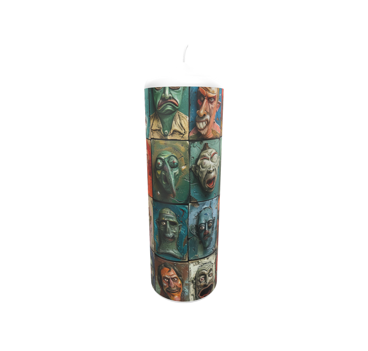 Künstlerkerze mit expressivem Gesichtermotiv in kräftigen Farben – Karnevalsfratzen als Symbol menschlicher Emotionen, handgefertigt in Deutschland.