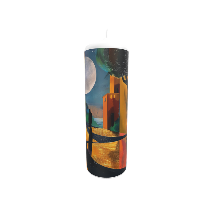 Künstlerkerze mit nächtlicher Stadtlandschaft, Musikszene und Mondlicht.