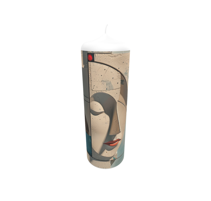 Künstlerkerze mit Planetenmotiv und stilisierter, nachdenklicher Figur in Beigetönen.