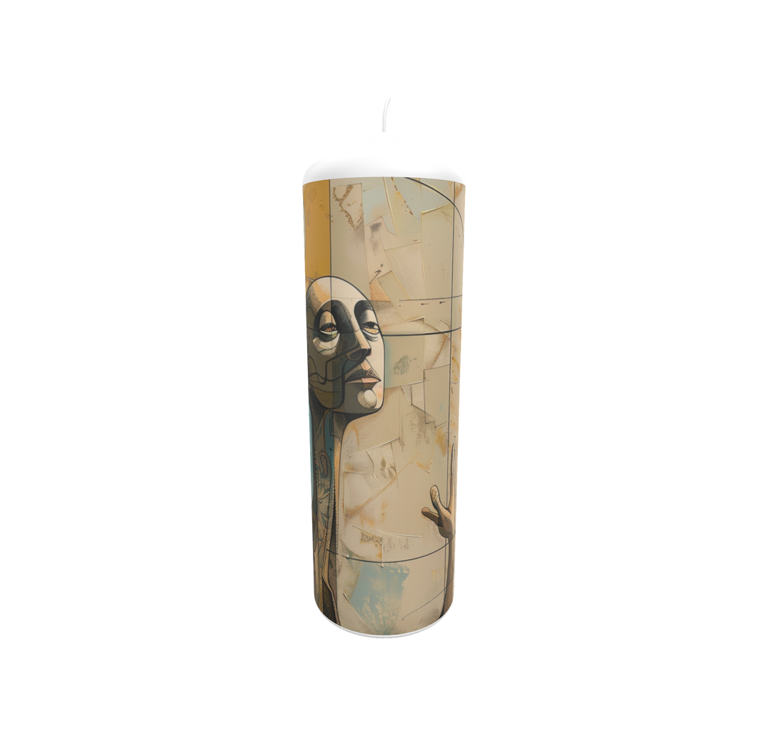 Künstlerkerze mit Sandlandschaft und schwebender Gesichtssilhouette unter weitem Himmel – Sinnbild für Sehnsucht und innere Reise.