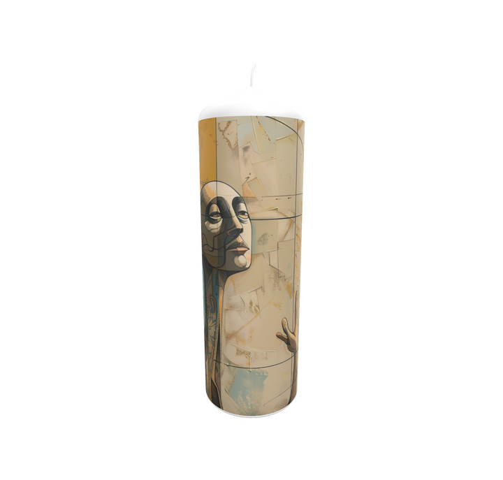 Künstlerkerze mit Sandlandschaft und schwebender Gesichtssilhouette unter weitem Himmel – Sinnbild für Sehnsucht und innere Reise.