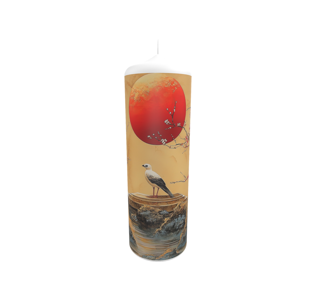 Künstlerkerze mit rötlichem Himmelskörper und Vogelmotiv auf ruhigem Hintergrund.