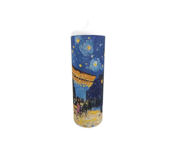 Künstlerkerze mit Van Gogh Motiv „Straßencafé bei Nacht“ – leuchtender Sternenhimmel und goldenes Cafélicht auf handgefertigter Kerze.