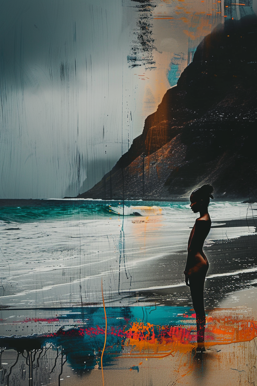 Dramatische Küstenszene mit einer stehenden weiblichen Figur am Strand, Blick aufs Meer gerichtet – dunkle Felsen, bewegte Wellen und abstrakte Farbspuren in Orange und Blau.
