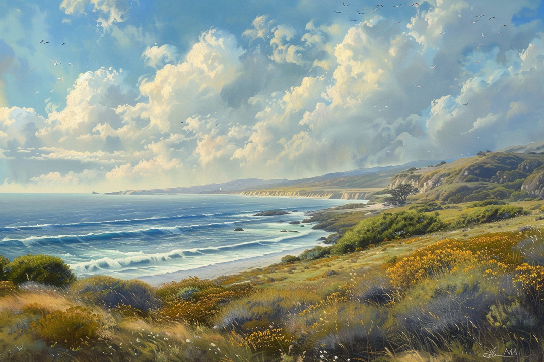 Realistische Landschaftsmalerei einer sonnigen Küste mit blauem Meer, weißen Wellen und goldenen Wiesen – Symbol für Freiheit und Ruhe.
