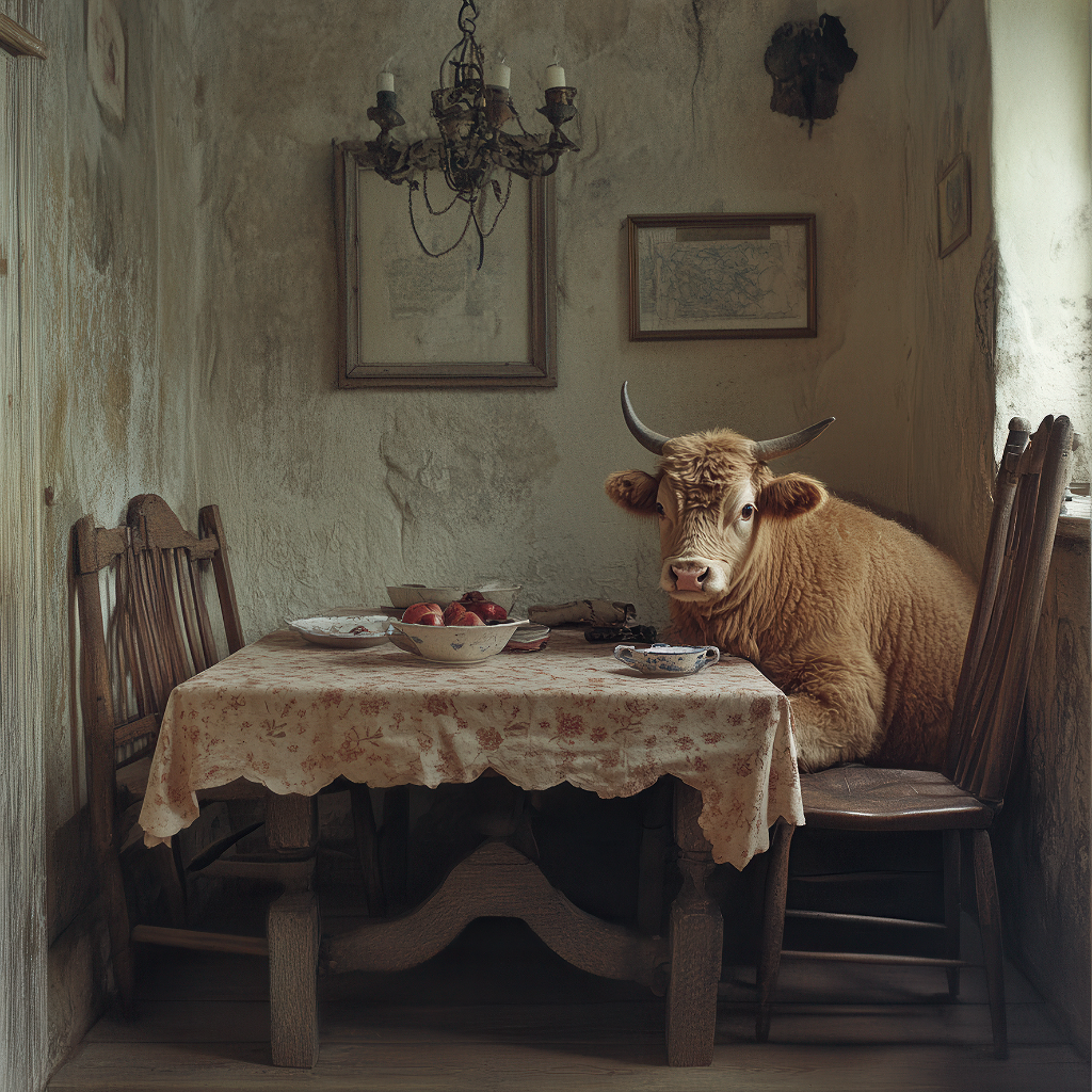 Flauschige Kuh sitzt am Küchentisch in einem alten, rustikalen Bauernhaus.
