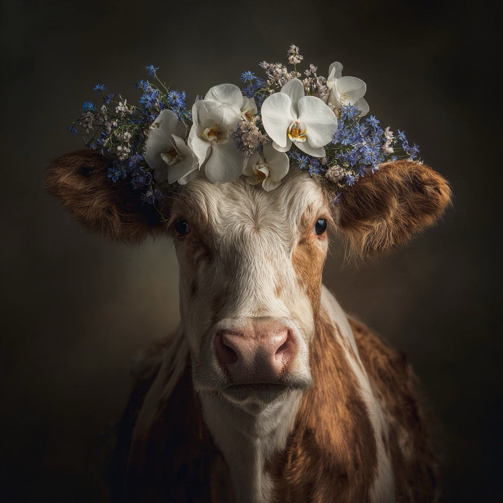 Porträt einer Kuh mit einem Blütenkranz aus weißen Orchideen und blauen Blumen
