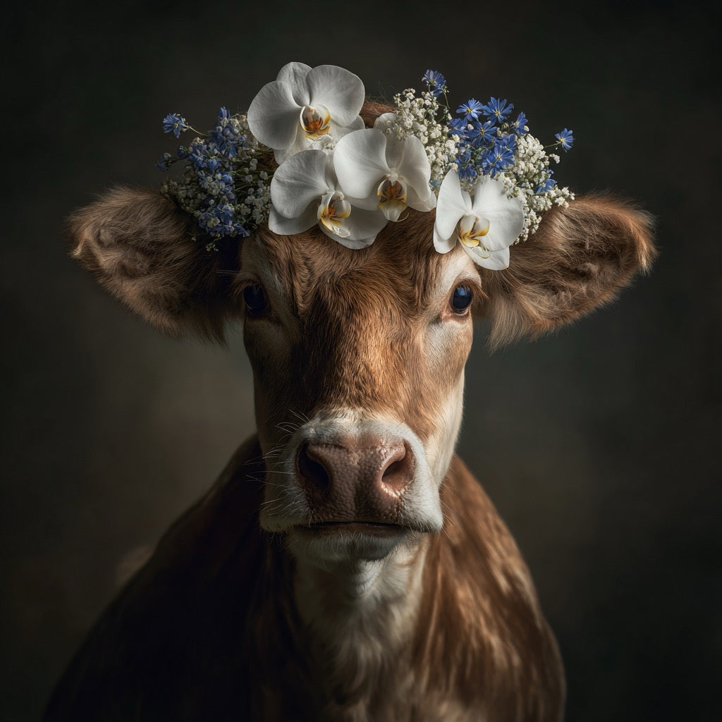 Porträt einer braunen Kuh mit einem Blütenkranz aus weißen Orchideen und blauen Blumen
