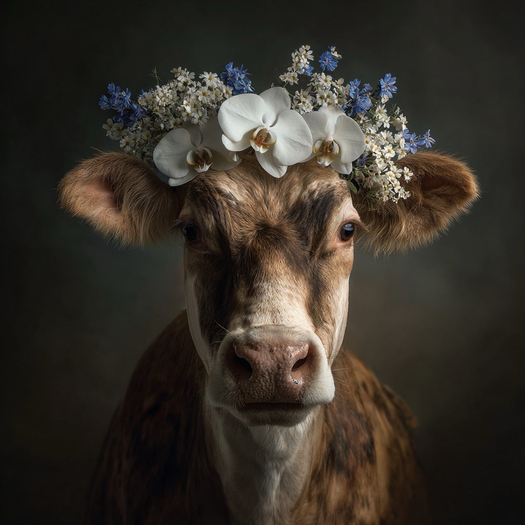 Porträt einer Kuh mit einem Blütenkranz aus weißen Orchideen und blauen Wildblumen
