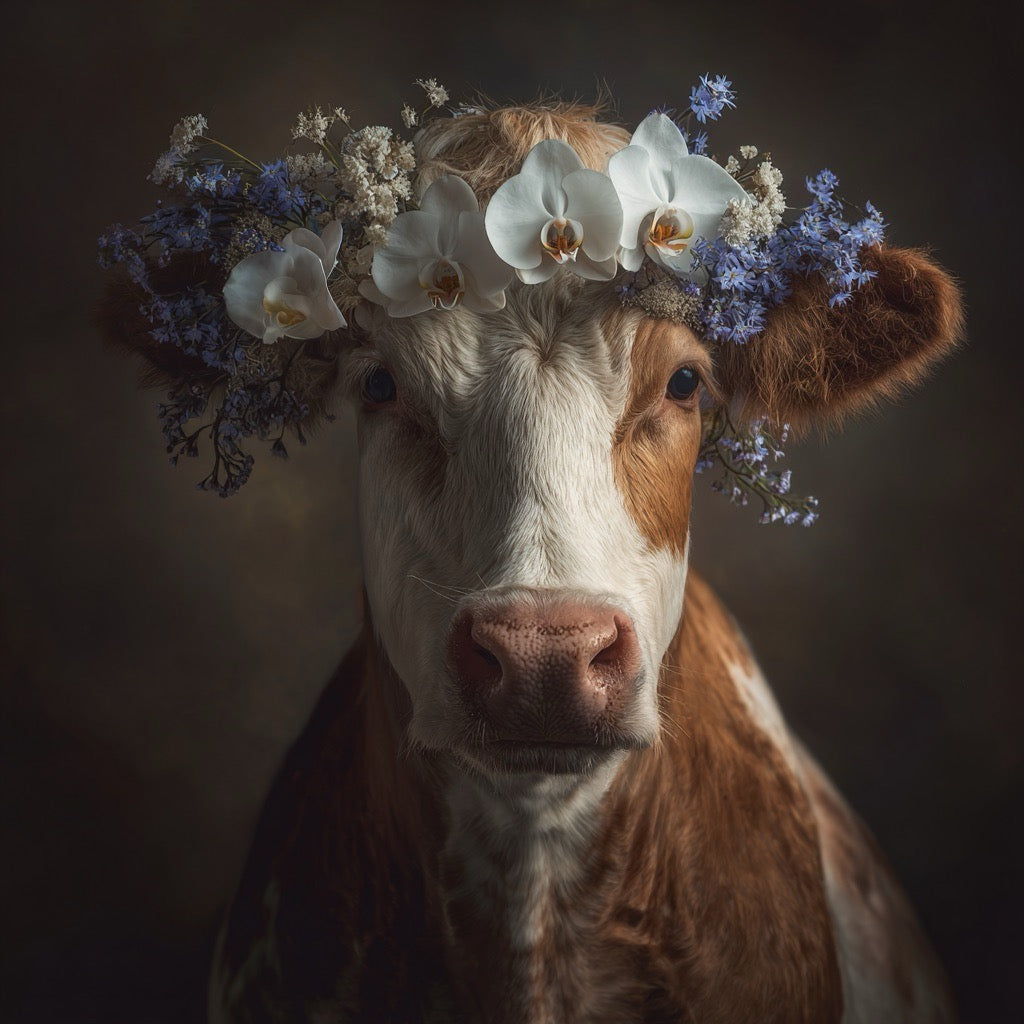 Porträt einer braunen Kuh mit einem Blütenkranz aus weißen Orchideen und blauen Blumen
