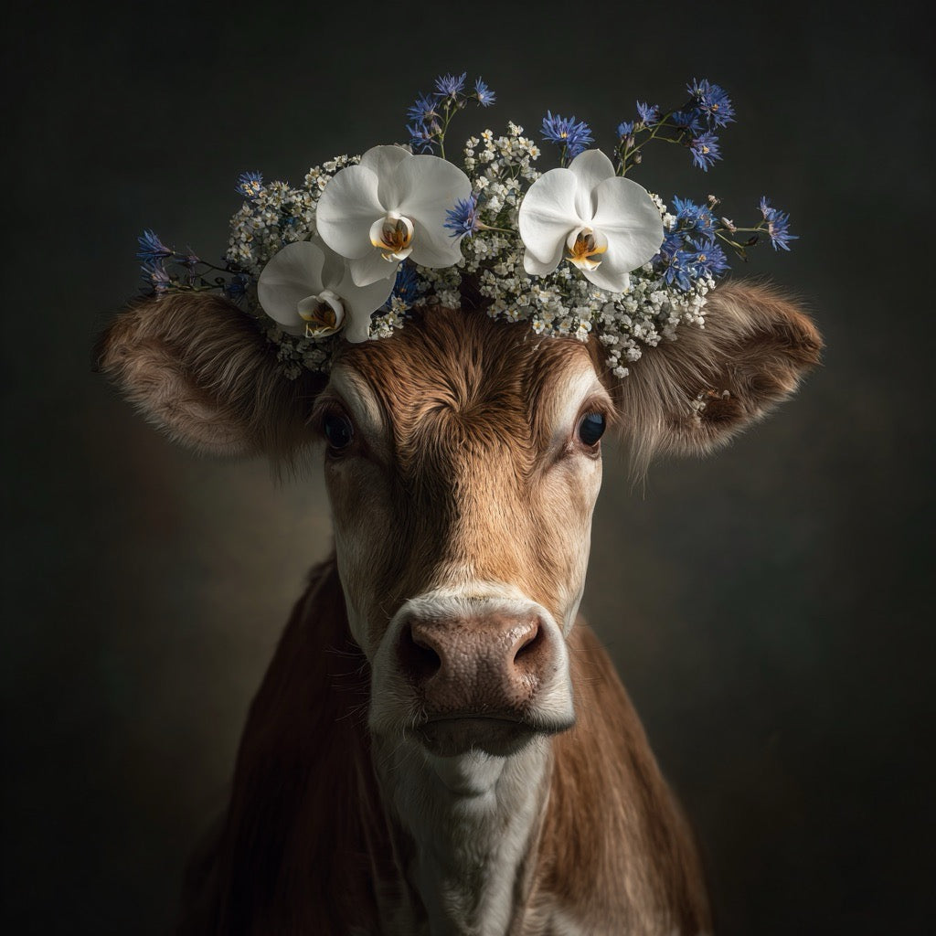 Porträt einer braunen Kuh mit einem Blütenkranz aus weißen Orchideen und blauen Blumen
