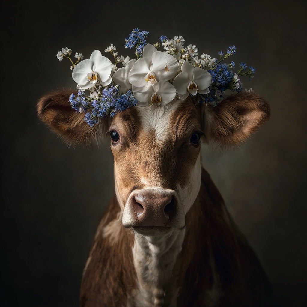 Porträt einer braunen Kuh mit einem Blütenkranz aus weißen Orchideen und blauen Wildblumen
