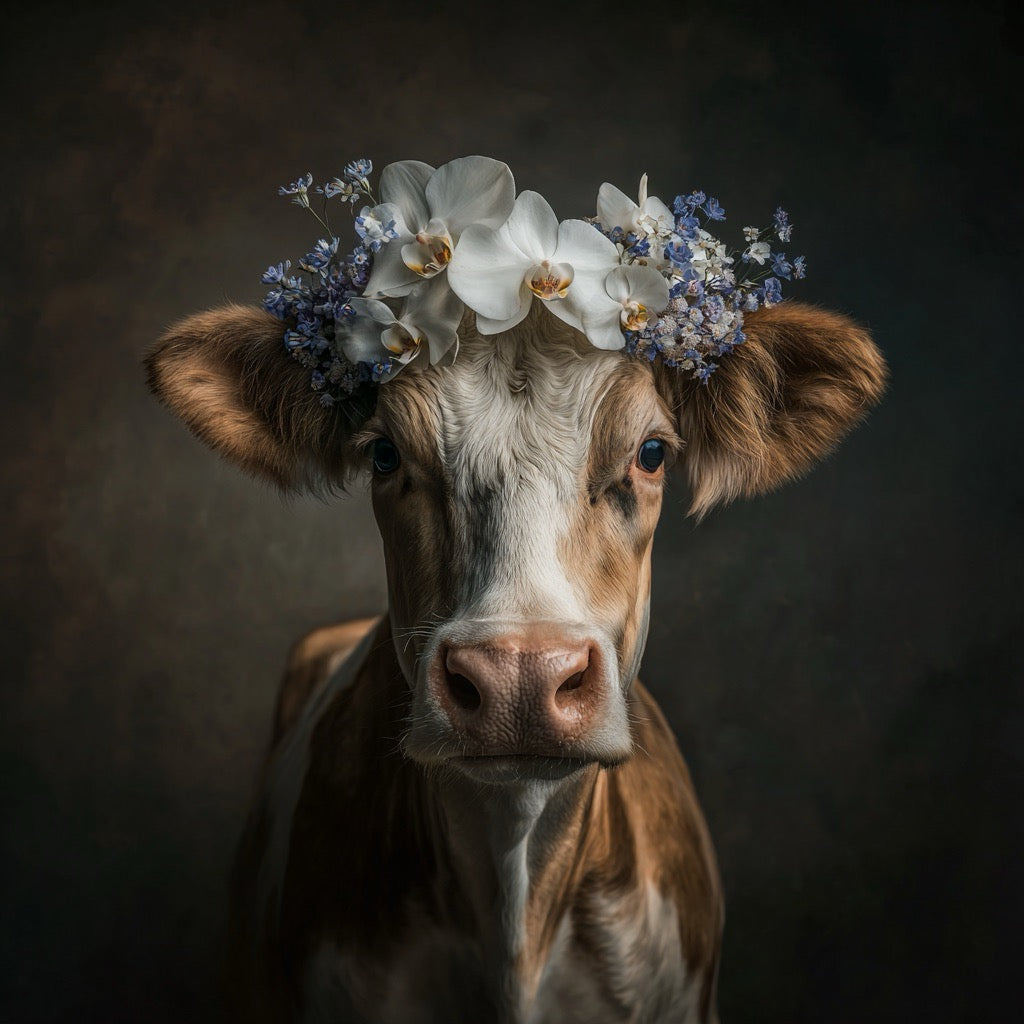 Porträt einer braunen Kuh mit einem Blütenkranz aus weißen Orchideen und blauen Blüten
