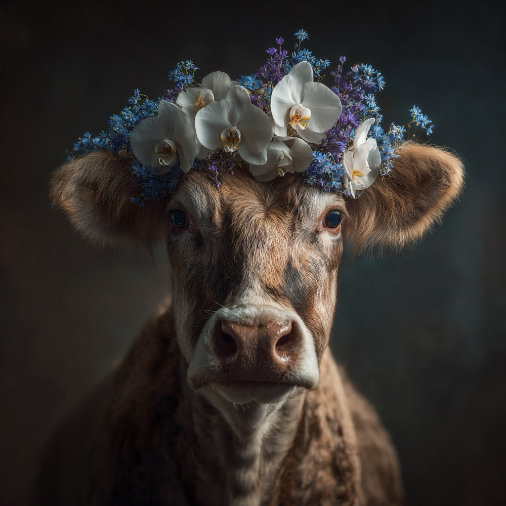 Porträt einer braunen Kuh mit einem Blütenkranz aus weißen Orchideen und blauen Wildblumen

