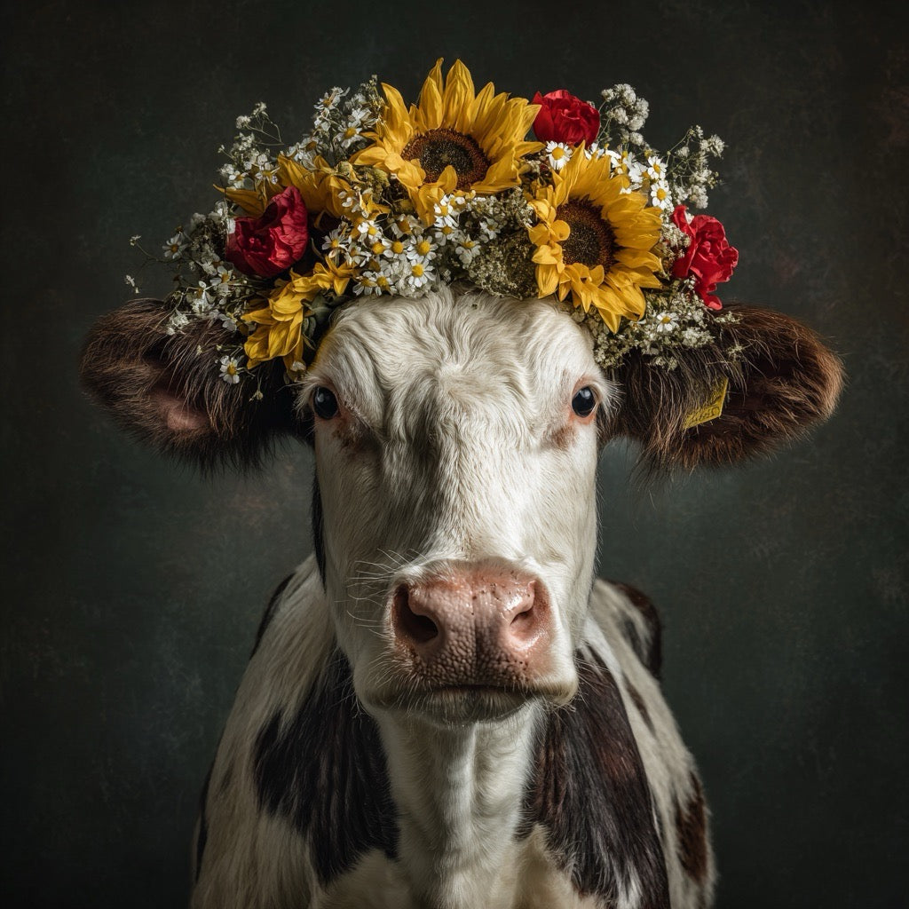 Porträt einer schwarz-weißen Kuh mit einem Blütenkranz aus Sonnenblumen, roten Rosen und weißen Gänseblümchen
