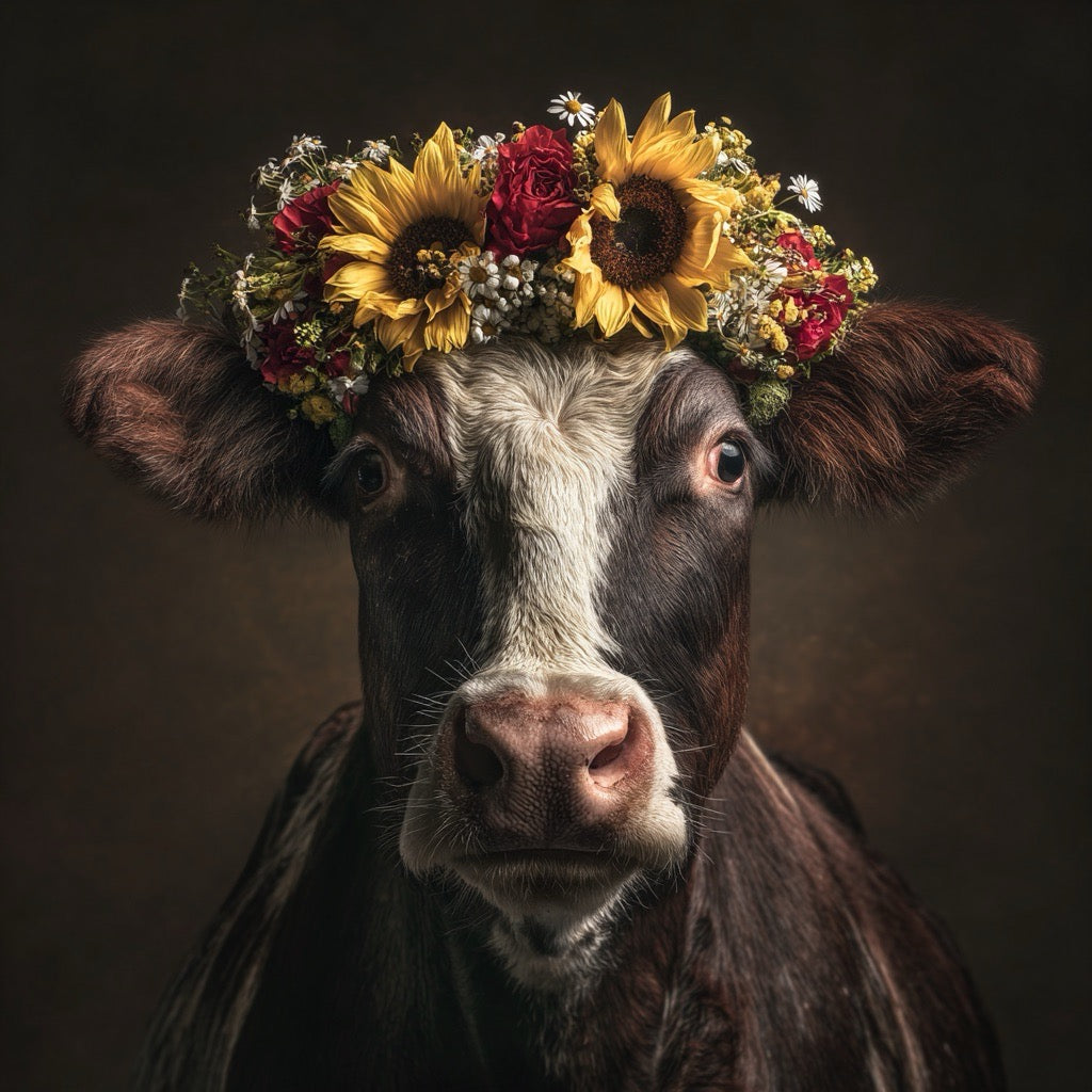 Porträt einer braun-weißen Kuh mit einem Blütenkranz aus Sonnenblumen, roten Rosen und weißen Gänseblümchen
