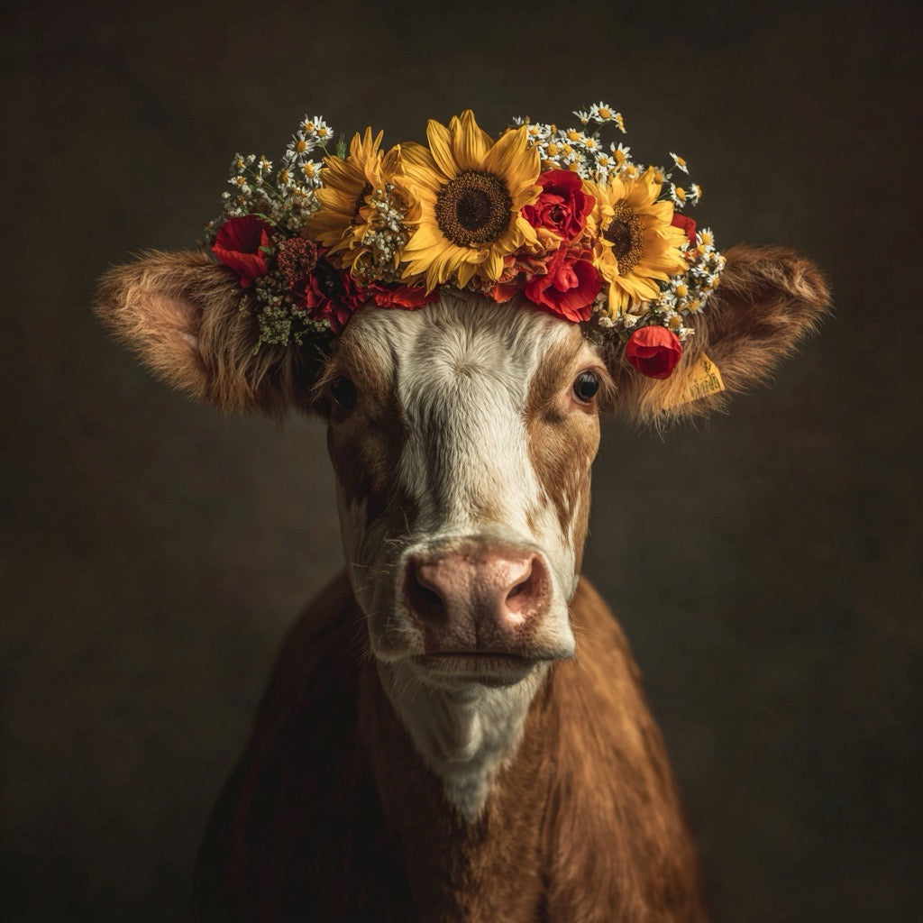 Porträt einer braunen Kuh mit einem Blütenkranz aus Sonnenblumen, roten Rosen und weißen Gänseblümchen
