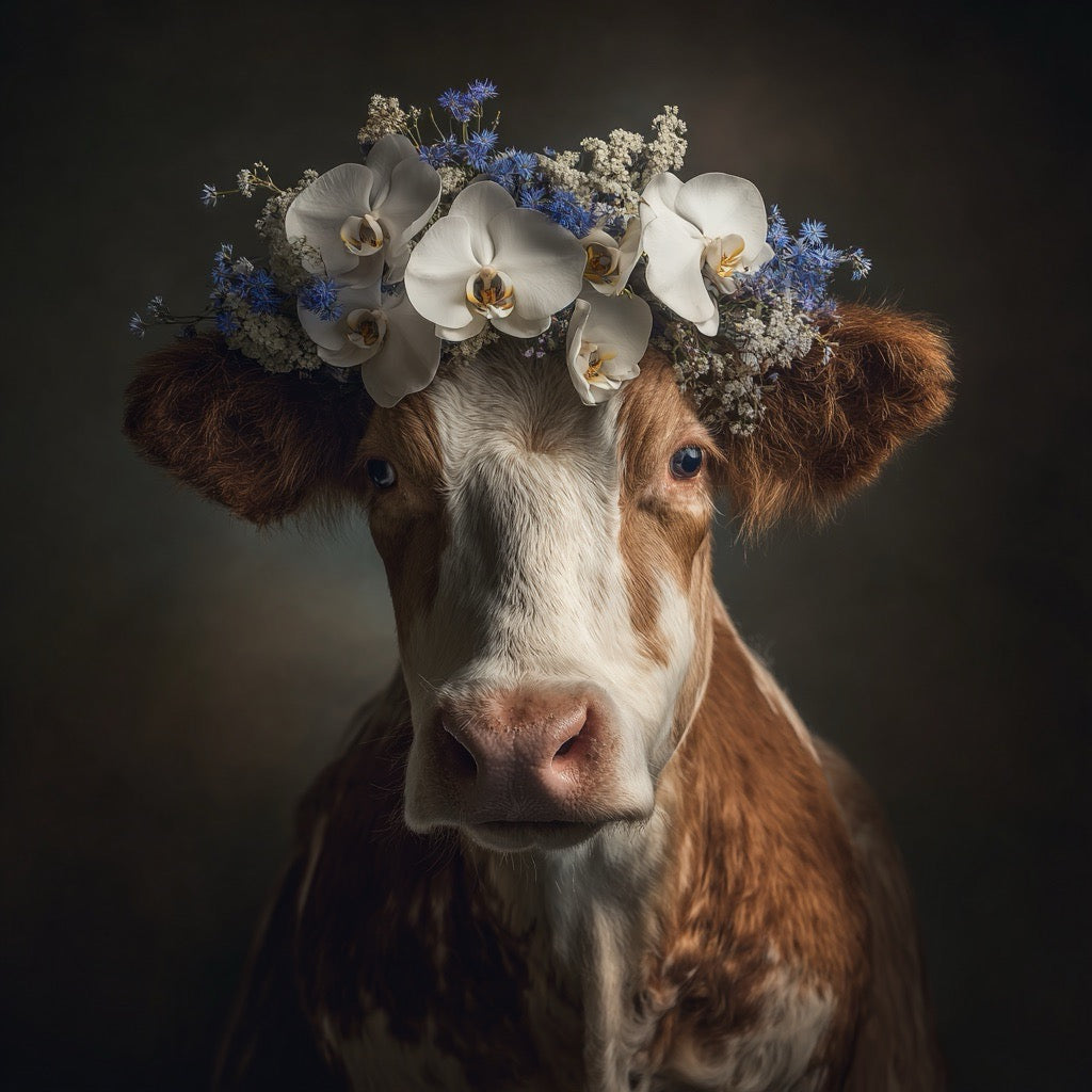 Porträt einer Kuh mit einem Kranz aus weißen Orchideen und blauen Blumen
