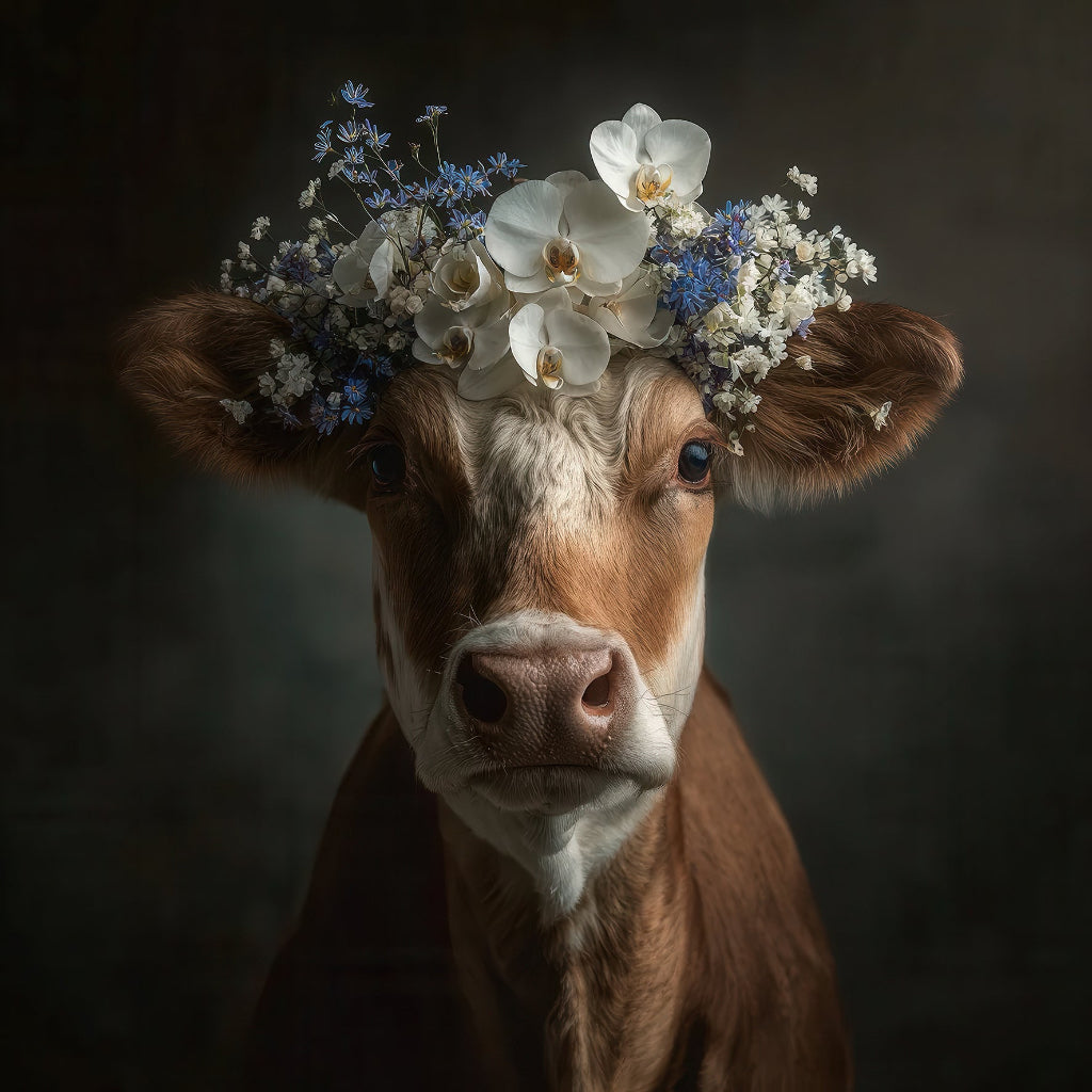 Kuh mit floralem Blütenkranz aus weißen und blauen Blumen vor dunklem Hintergrund.
