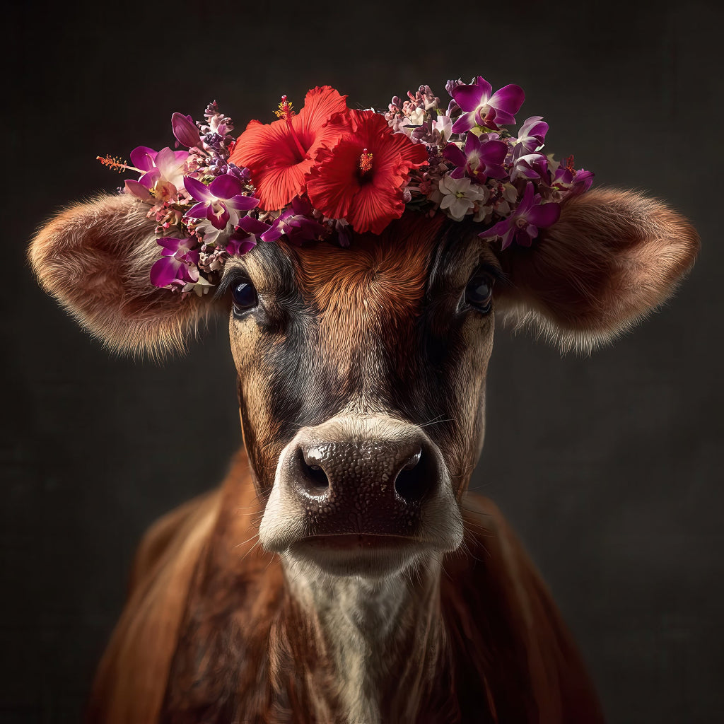 Kuh mit farbigem Blumenkranz vor dunklem Hintergrund.
