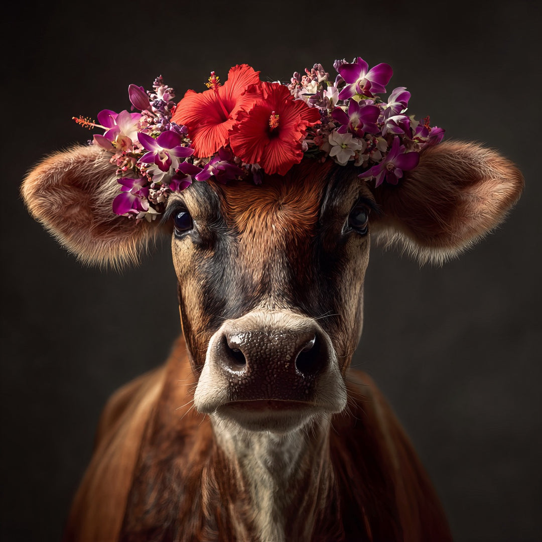 Porträt einer Kuh mit einem Blumenkranz aus roten Hibiskus- und violetten Orchideenblüten
