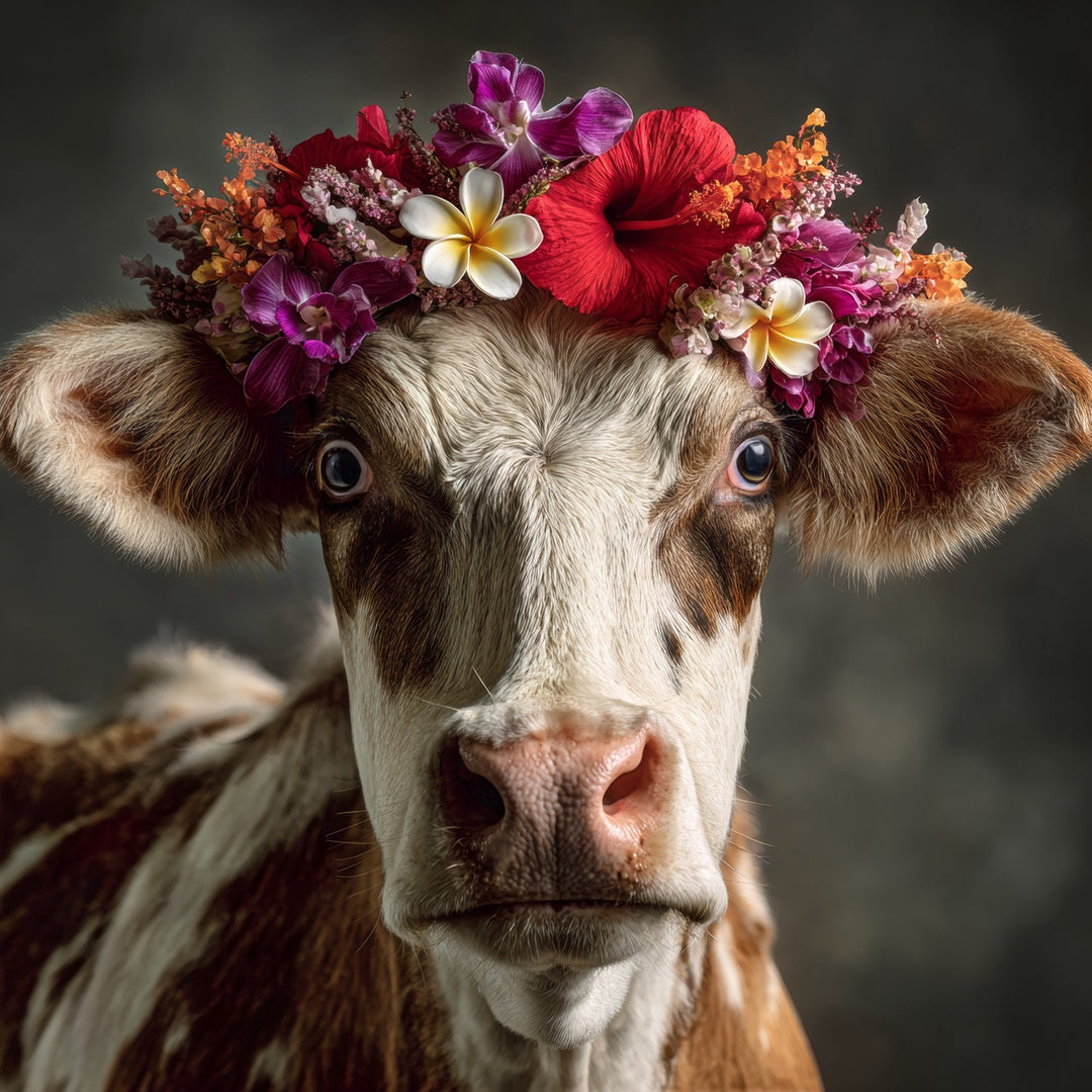 Porträt einer Kuh mit einem bunten Blumenkranz aus Hibiskus-, Orchideen- und Frangipani-Blüten
