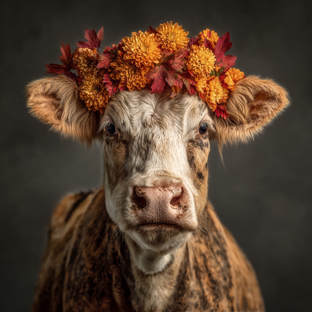 Porträt einer Kuh mit einem herbstlichen Blumenkranz aus orangefarbenen Chrysanthemen und roten Blättern
