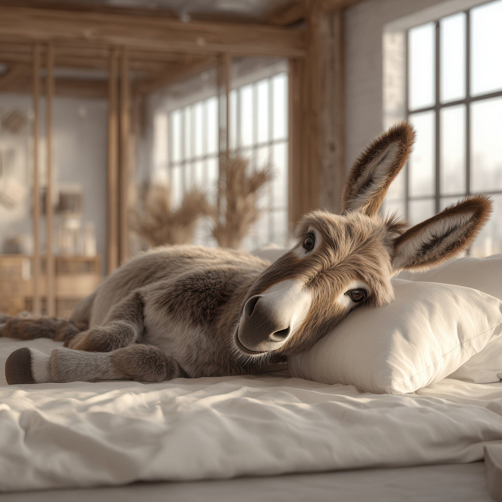 Esel liegt entspannt auf einem Bett in hellem, sonnigem Loft.
