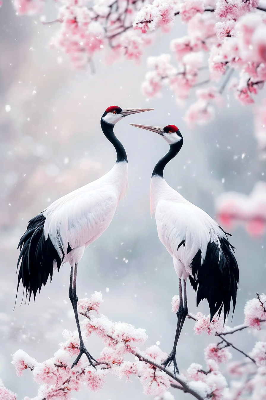 Zwei anmutige Kraniche stehen einander gegenüber auf verschneiten Kirschblütenzweigen – ein Symbol für Liebe, Treue und Harmonie.

